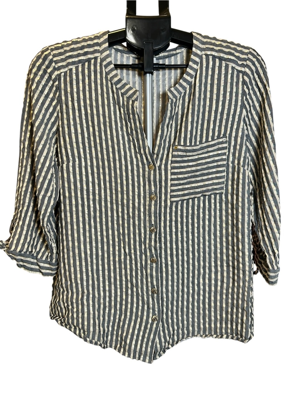 Anne Klein Striped Button Front Blouse Roll Tab Sleeve L